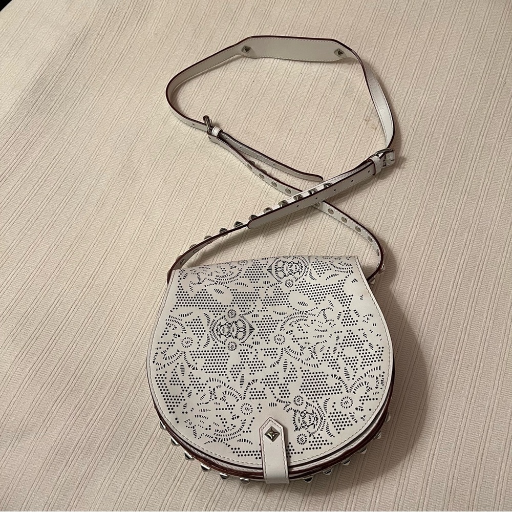 Rebecca Minkoff white Leather laser cut studded saddle crossbody Bag